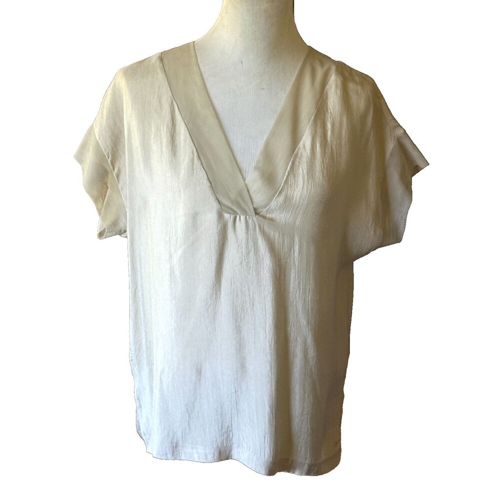 NWOT DKNY Underwear Beige Crinkled Satin V-Neck Short Sleeve Top Size S